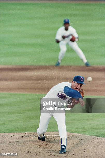 Texas Ranger Nolan Ryan pitches during a game against the Seattle Mariners in 1990.