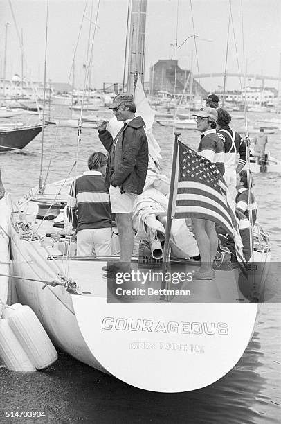 Ted Turner on the yacht Courageous before one of the America's Cup races.