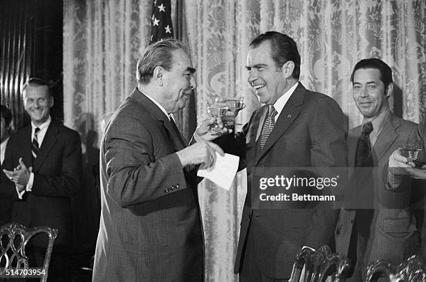 Washington: While toasting the signing of four agreements between the US and Soviet Union with Pres. Nixon, Soviet leader Leonid Brezhnev spilled his...