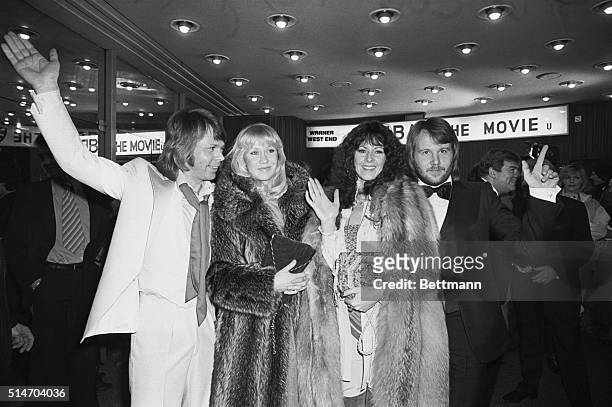 London: Swedish pop group ABBA are left to right Bjorn, Agnetha, Annifred and Benny, as they arrive late 2/16 at the Warner Cinema, Leicester Square,...