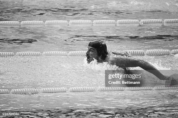 Munich, Germany: Mark Spitz of Carmichael, Calif. USA, wings his way to a seventh gold medal as he swims the butterfly leg of the 4x100 meters medley...