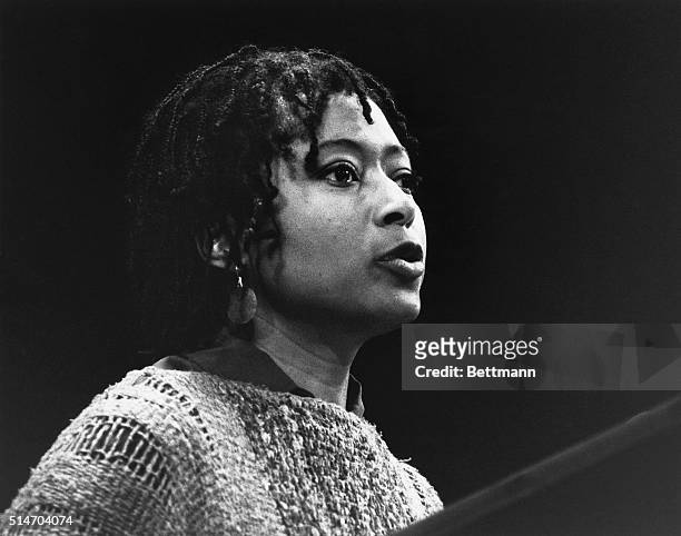 New York: American author, poet, and activist Alice Walker reading poems at an unspecified event.