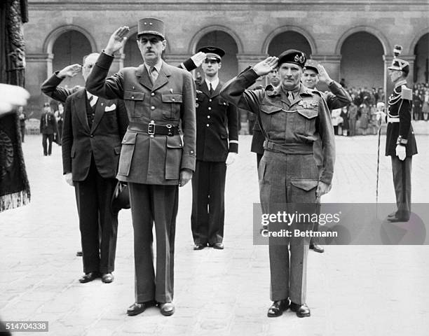 Paris, France: General Charles De Gaulle and Field Marshal Sir Bernard L. Montgomery take the salute during ceremonies at the invalides, in Paris, in...