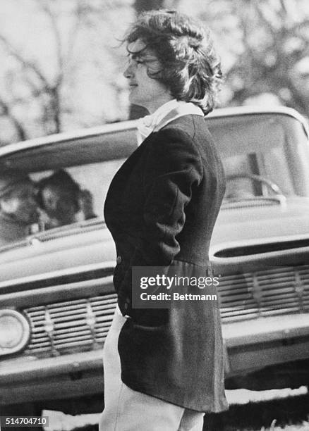 First Lady Jacqueline Kennedy visits the Piedmont Foxhounds Races in Upperville, Virginia. Her husband, President John Kennedy, is in Key West,...