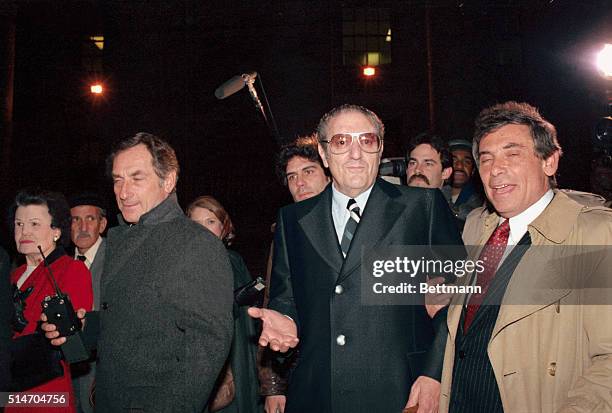 Reputed Mafia boss Paul Castellano is leave Federal Court with his attorney, James LaRossa, after posting $2 million bail. Anthony Salerno posted the...