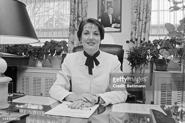 Elizabeth Dole sits at her desk after she was nominated by President Reagan for the cabinet position of Secretary of Transportation.