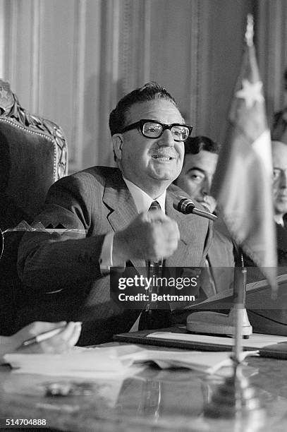 Socialist President Salvador Gossens Allende of Chile holds a press conference at the Government House in Santiago. His government showed surprising...