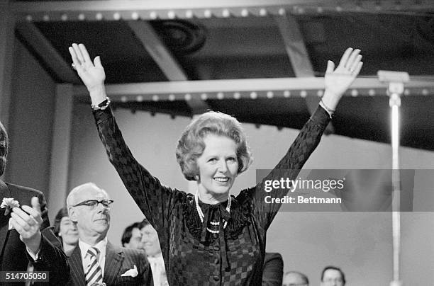 Prime Minister Margaret Thatcher receive a standing ovation during a Conservative Party conference in Blackpool.