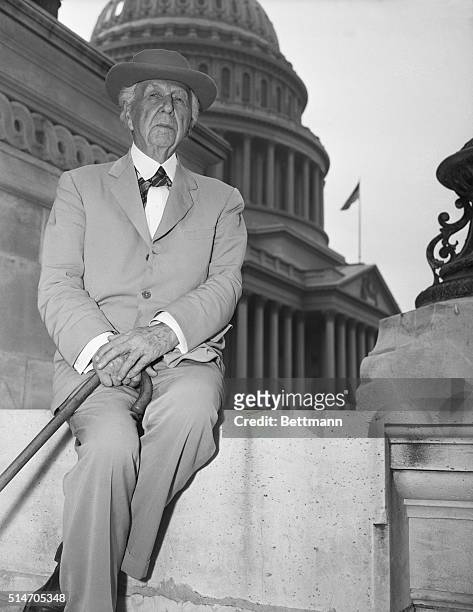 Architect Frank Lloyd Wright after speaking to the House Military Appropriations Subcommittee urging them to postpone the construction of the new Air...