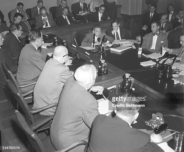 New York, NY: Veteran stage and screen star Lionel Stander testifies before the House Un-American Activities Committee, May 6, that he has been...