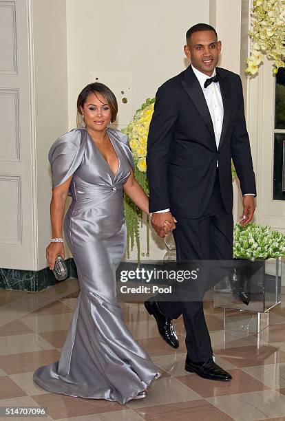 Former NBA player Grant Hill and member of The Presidents Council on Fitness, Sports & Nutrition and Tamia Hill arrive for the State Dinner at the...