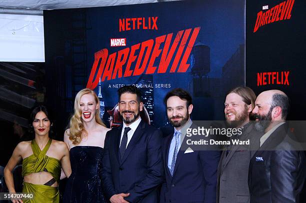 Elodie Yung, Deborah Ann Woll, Jon Bernthal, Charlie Cox, Elden Henson and Marco Ramirez attend the "Daredevil" Season 2 Premiere at AMC Loews...