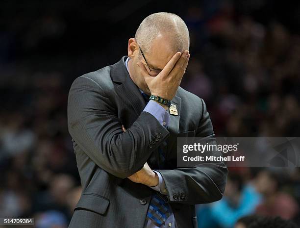 Head coach Dan Hurley of the Rhode Island Rams reacts in the game against the Massachusetts Minutemen in the second round of the men's Atlantic 10...