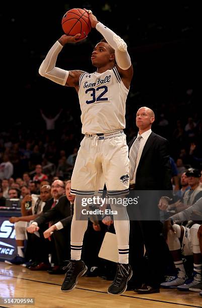 Derrick Gordon of the Seton Hall Pirates shoots a three point shot late in the second half against the Creighton Bluejays during the quarterfinals of...