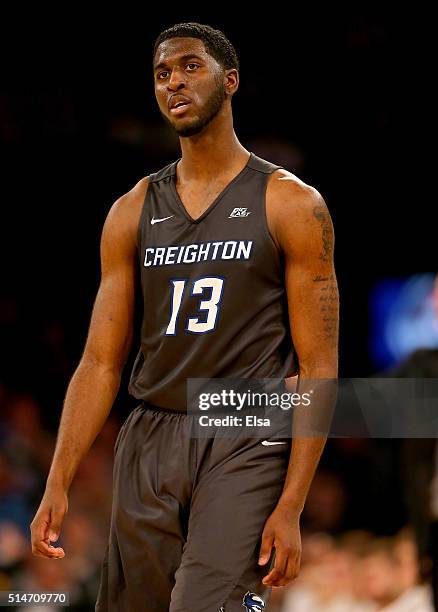 Cole Huff of the Creighton Bluejays reacts late in the second half as his team is losing to the Seton Hall Pirates during the quarterfinals of the...