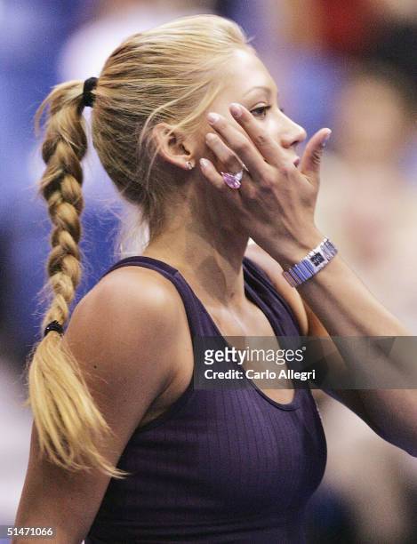 Tennis player Anna Kournikova in action during the 12th Annual World Team Tennis Smash Hits, an annual event benefiting the Elton John AIDS...