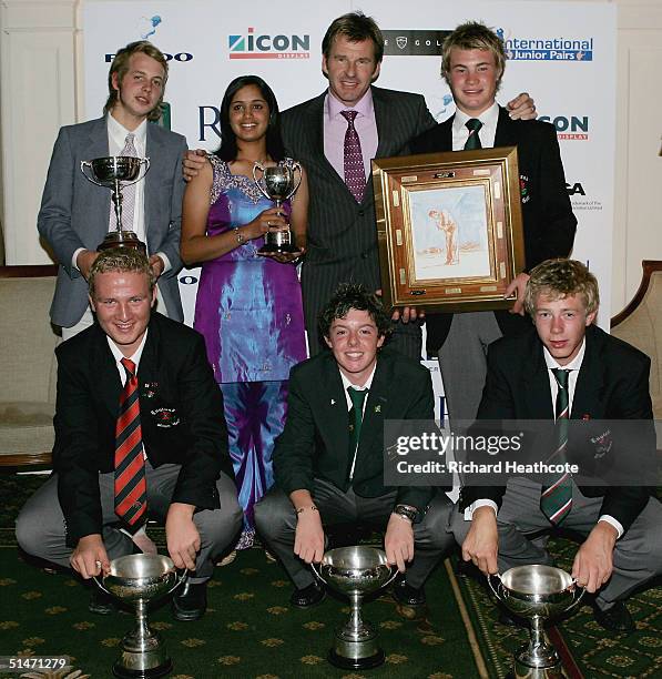 Nick Faldo with the winners, top row, James Heath, Kiran Matharu, Nick Faldo, Oliver Fisher. Bottom row, Tom Sherreard, Rory McIlroy and Ben Evans...