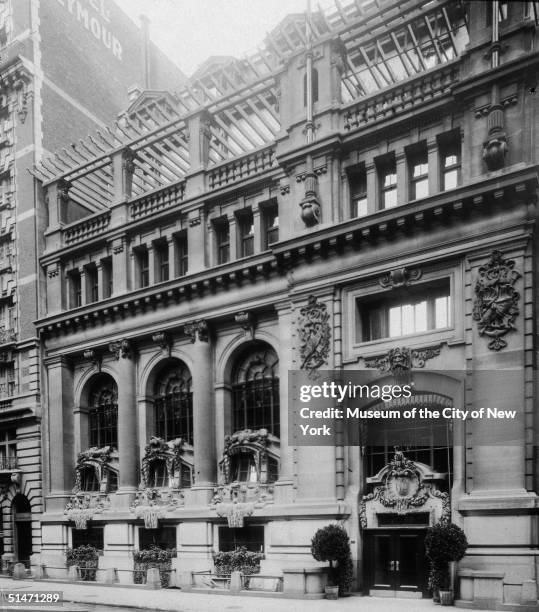 Exterior view of the New York Yacht Club on 43rd Street, between 5th and 6th avenues, New York, New York, 1897.