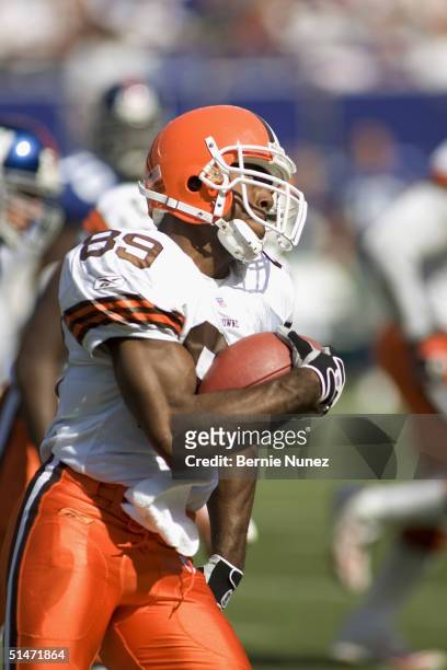 Wide receiver Richard Alston of the Cleveland Browns returns a kickoff during the game against the New York Giants at Giants Stadium on September 26,...