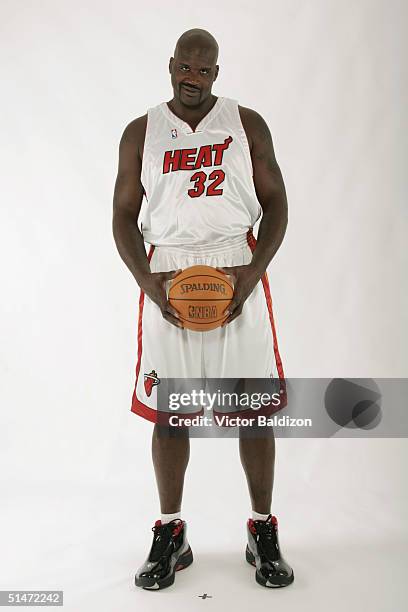 Shaquille O'Neal of the Miami Heat poses for a portrait during NBA Media Day on October 4, 2004 in Miami, Florida. NOTE TO USER: User expressly...