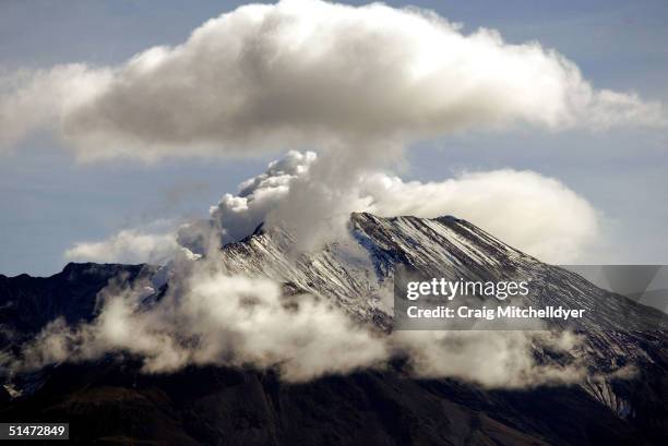 Steam erupts from Mount St. Helens October 12, 2004 at Mount St. Helens National Monument, in Washington. The steam eruptions have increased as magma...