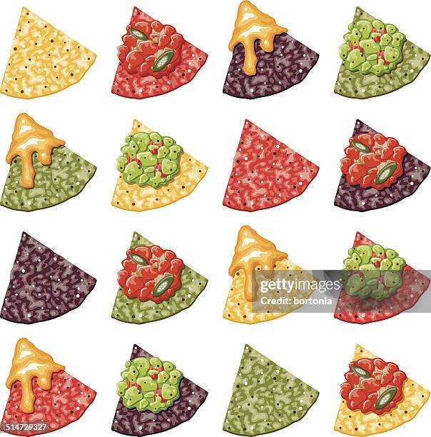 ilustraciones, imágenes clip art, dibujos animados e iconos de stock de multicolor nacho maíz con ingredientes de iconos - patatas fritas de churrería