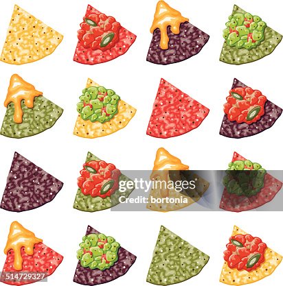 Multicolor Nacho Corn Chip Icons With Toppings Multicolor Nacho Corn Chip Icons With Toppings