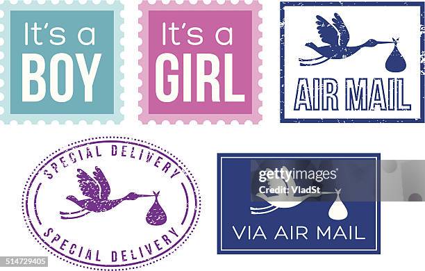 illustrazioni stock, clip art, cartoni animati e icone di tendenza di baby doccia carta di auguri elementi - baby postage stamps