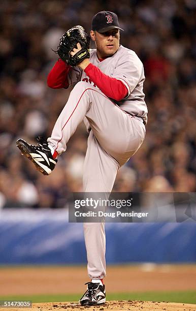 Pitcher Curt Schilling of the Boston Red Sox throws a pitch against the New York Yankees in the first inning during game one of the American League...