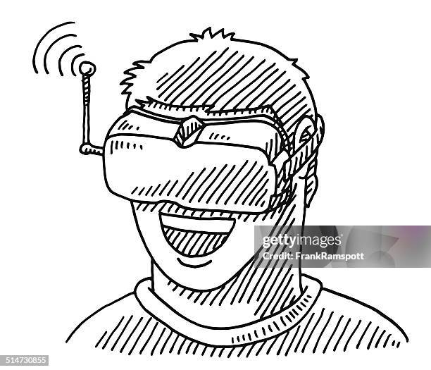 virtual reality glasses happy man drawing - man vr headset stock illustrations