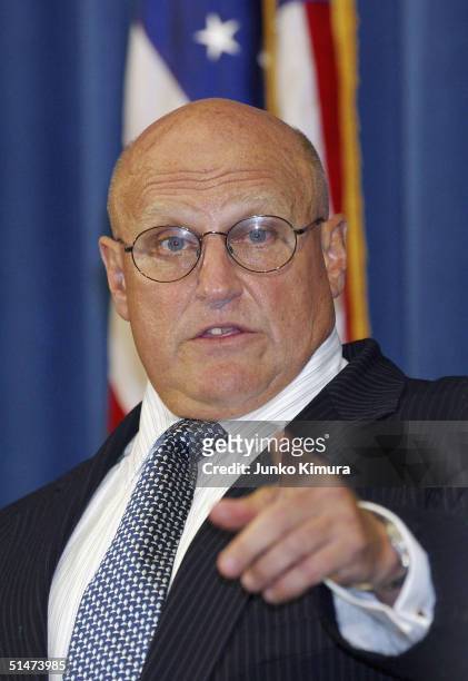 Deputy Secretary of State Richard L. Armitage speaks at a press conference held at the U.S. Embassy on October 13, 2004 in Tokyo, Japan. Armitage is...