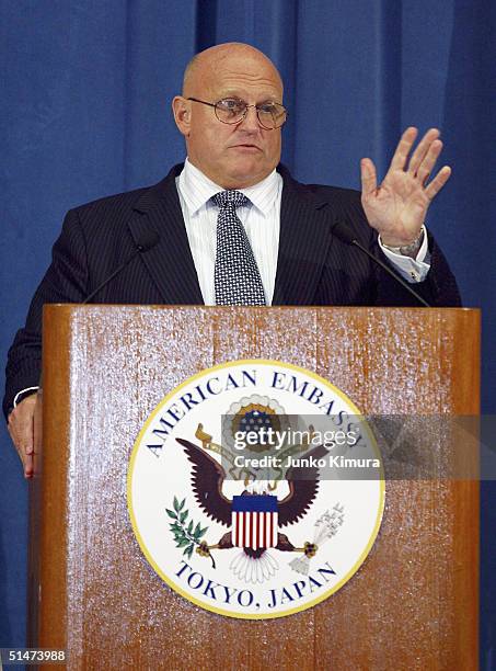 Deputy Secretary of State Richard L. Armitage speaks at a press conference held at the U.S. Embassy on October 13, 2004 in Tokyo, Japan. Armitage is...