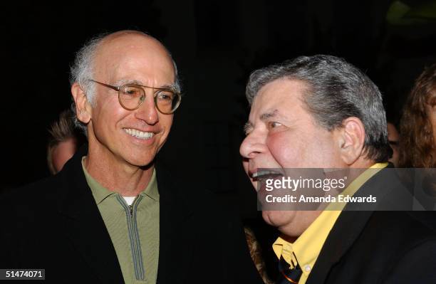 Actors Larry David and Jerry Lewis arrive at a special screening of "The Nutty Professor" hosted by Jerry Lewis on October 12, 2004 at the Paramount...