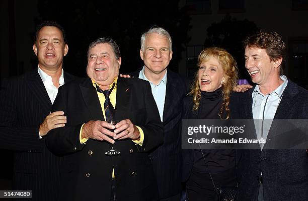 Actors Tom Hanks, Jerry Lewis, Steve Martin, Stella Stevens and Martin Short arrive at a special screening of "The Nutty Professor" hosted by Jerry...