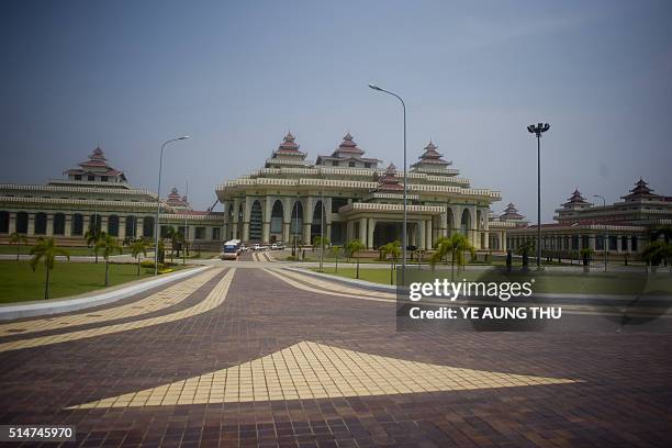 This general view shows Myanmar's parliament in the capital city of Naypyidaw on March 11, 2016. Aung San Suu Kyi was on March 10 finally ruled out...