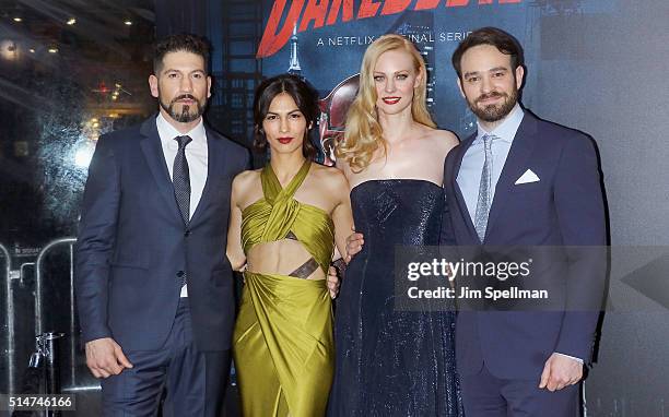 Actors Jon Bernthal, Elodie Yung, Deborah Ann Woll and Charlie Cox attend the "Daredevil" season 2 premiere at AMC Loews Lincoln Square 13 theater on...