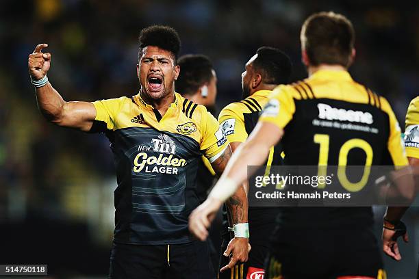 Ardie Savea of the Hurricanes celebrates after winning the round three Super Rugby match between the Blues and the Hurricanes at Eden Park on March...