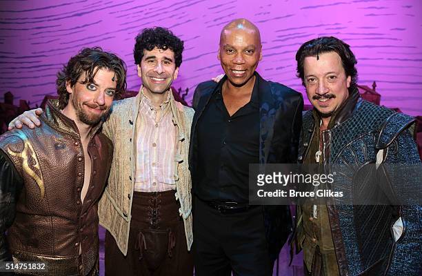 Christian Borle, John Cariani, RuPaul and Stacey Todd Holt pose backstage at the hit musical "Something Rotten!" on Broadway at The St. James Theatre...