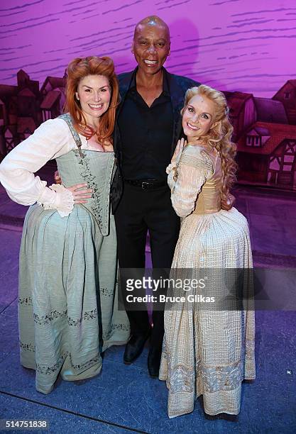 Heidi Blickenstaff, RuPaul and Kate Reinders pose backstage at the hit musical "Something Rotten!" on Broadway at The St. James Theatre on March 10,...