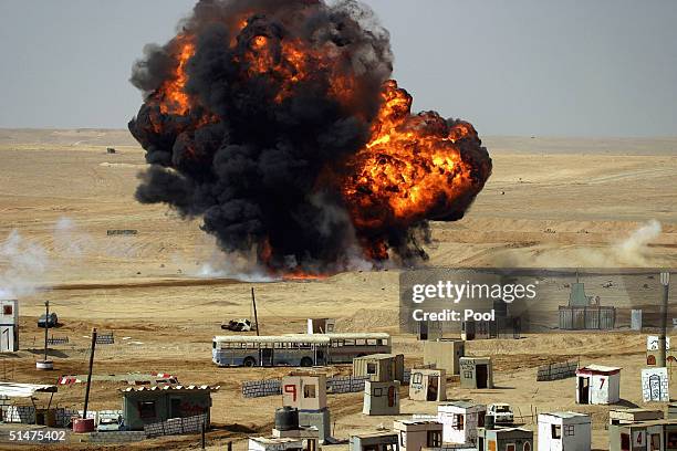 Huge bomb explodes as it strikes a target on the outskirts of a "Palestinian town" during a brigade-strength Israeli army training exercise at a base...