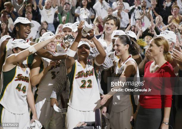 Betty Lennox of the Seattle Storm celebrates winning MVP in game 3 of the WNBA Finals. Lennox scored 23 in the Storm's 74-60 victory over the...