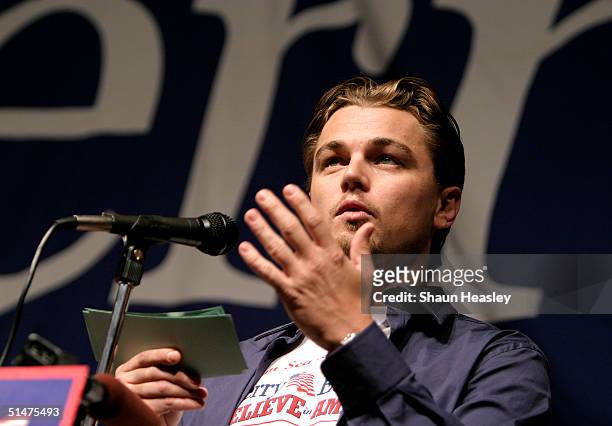 Actor Leonardo DiCaprio speaks at the Orpheum Theater near the University of Wisconsin-Madison campus October 13, 2004 in Madison, Wisconsin....