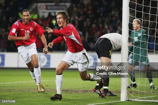 Morten Gamst Pedersen of Norway celebrates scoring during the FIFA World Cup qualifying group five match between Norway and Slovenia at The Ullevaal...