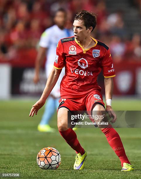 Craig Goodwin of United looks to pass the ball during the round 23 A-League match between Adelaide United and Melbourne City FC at Coopers Stadium on...