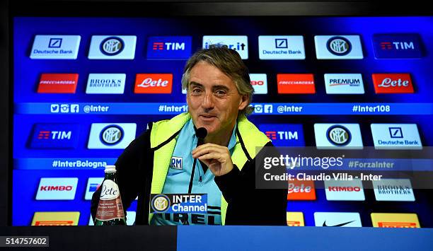 Head Coach Roberto Mancini speaks to the media during a press conference at the club's training ground at Appiano Gentile on March 11, 2016 in Como,...