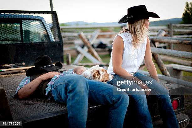 tailgate siesta - cowboy sleeping stock-fotos und bilder