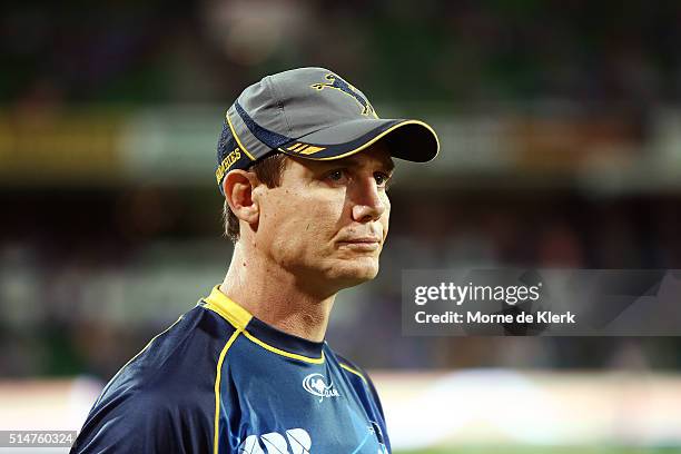 Stephen Larkham, coach of the Brumbies looks on during the round three Super Rugby match between the Western Force and the Brumbies at nib Stadium on...