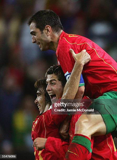 Pauleta of Portugal celebrates his goal with Cristiano Ronaldo during the FIFA World Cup 2006 Group 3 match between Portugal and Russia on October...