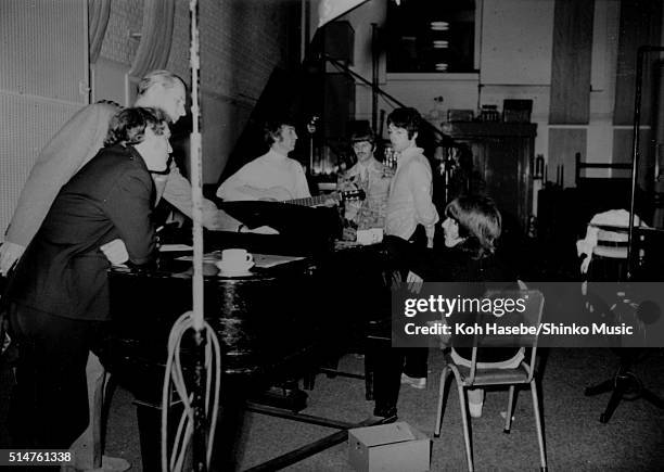 The Beatles rehearsing Paul McCartney's song 'The Fool On The Hill' in Studio 2 at EMI Studios, Abbey Road, London, September 25 1967. L-R road...