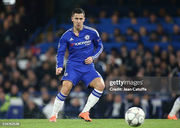 Eden Hazard of Chelsea in action during the UEFA Champions League round of 16 second leg match between Chelsea FC and Paris Saint-Germain at Stamford...